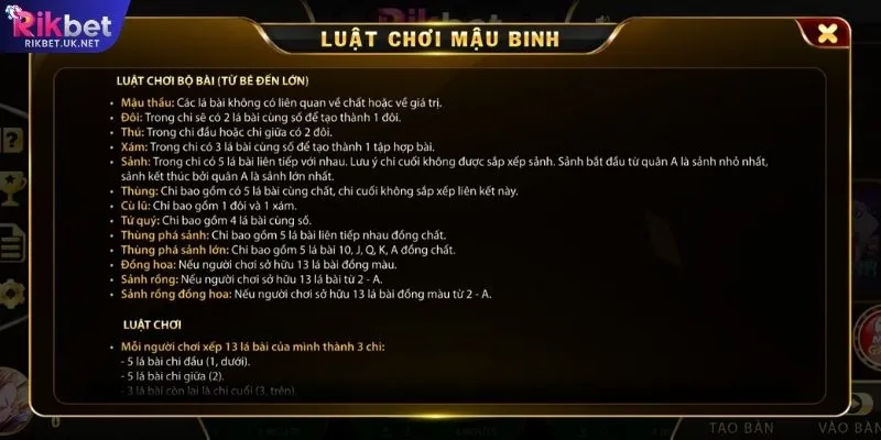 Luật cơ bản khi chơi bài Mậu Binh RIKBET