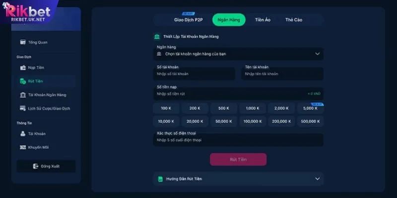 Rút tiền RIKBET theo từng bước thao tác chi tiết