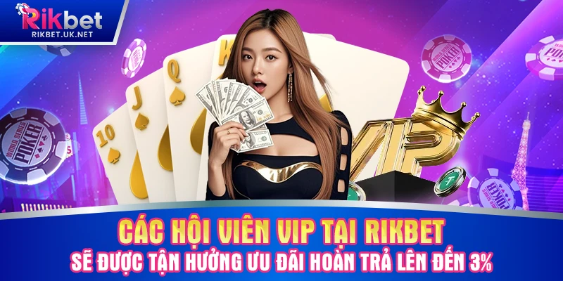 Các hội viên VIP tại RIKBET sẽ được tận hưởng ưu đãi hoàn trả lên đến 3%